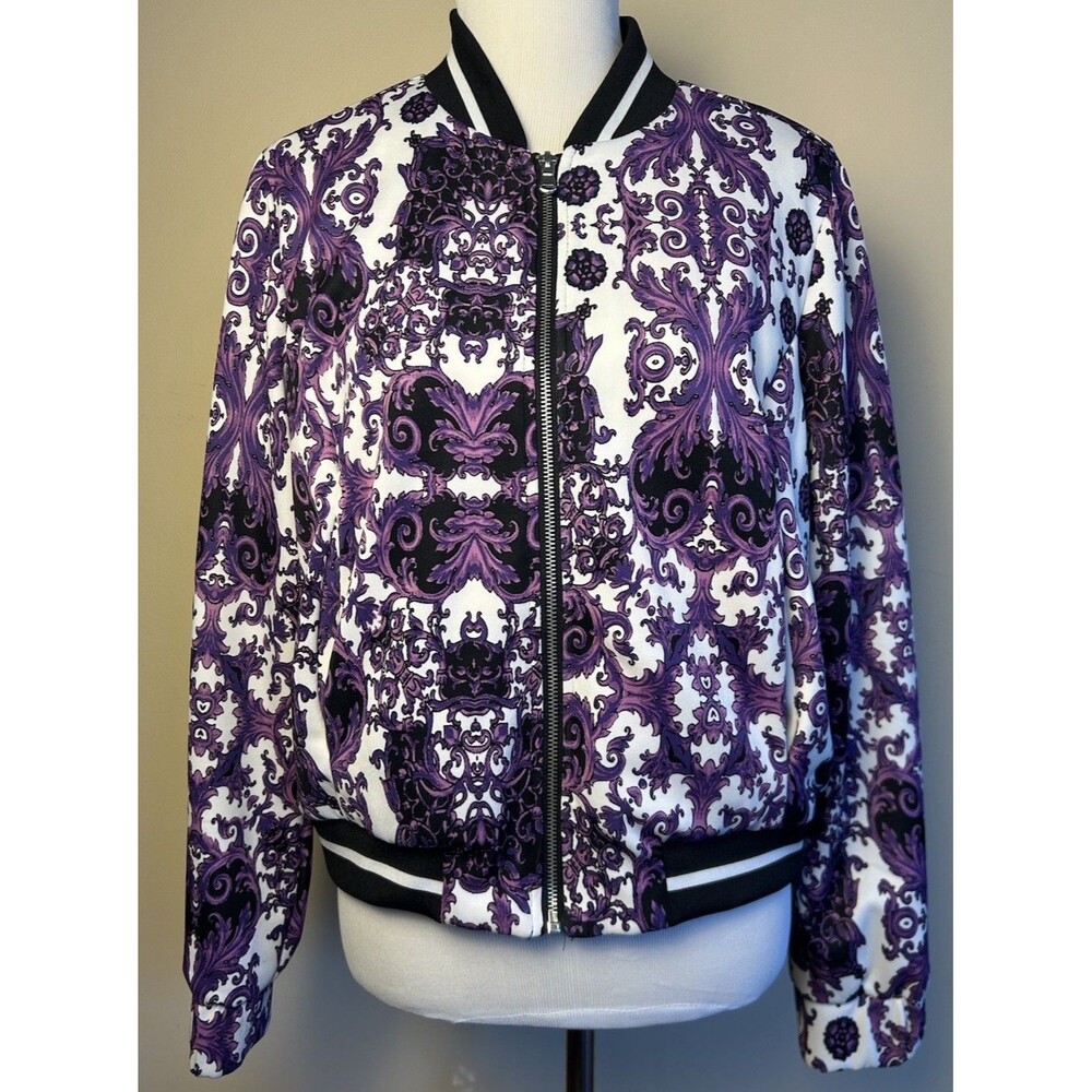 Ashley Stewart Baroque Print Bomber’s Jacket Women’s Size 12  Purple White Zip